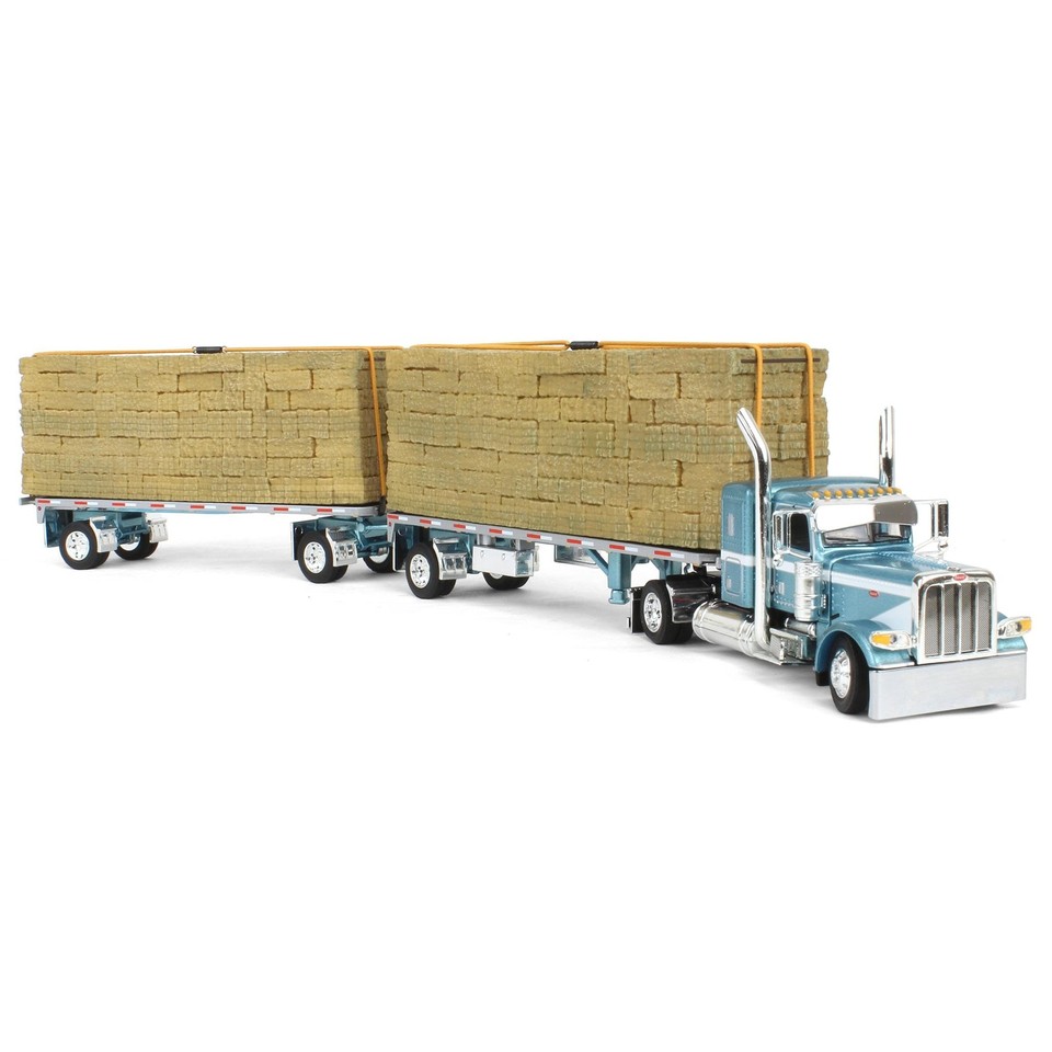 1/64 Blue Peterbilt 389 36in Flattop w/ Dual Flatbeds & Hay Load DCP 60 ...