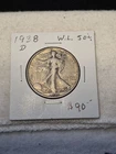 1938-D Walking Liberty Silver Half Dollar 50c Fine FN F+