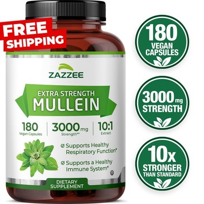 Zazzee Mullein 10:1 Extract, 3000 mg Strength, 180 Vegan Capsules, Kosher
