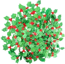 100PCS Shiny Holly Leaves Christmas Small Holly Green Leaves and Red Berries Sca