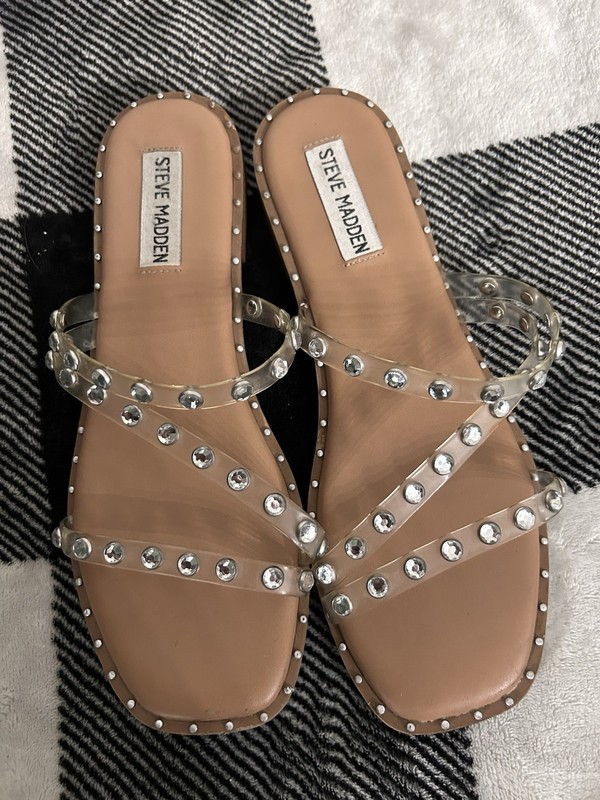 Steve Madden Women's Clear/Beige Rhinestone Studded Slide Sandals Slip-On 7.5