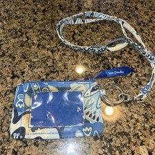 Vera Bradley Zip Blue Floral ID Case Key Ring With Detachable Lanyard 5 x3.25