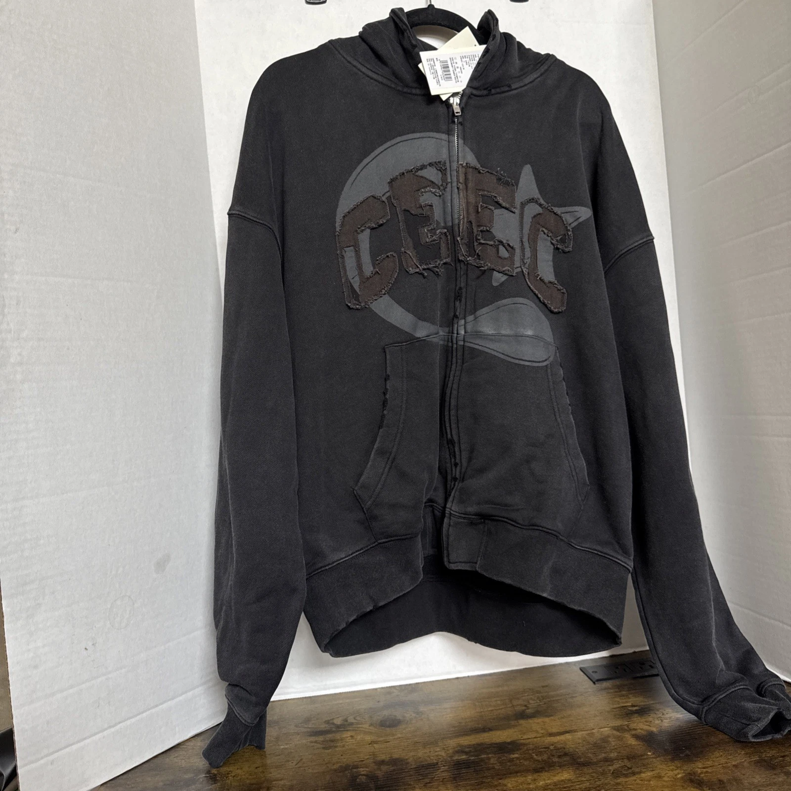 CEEC Full Zip Front Logo Hoodie W/Pocket Vintage Black Distressed  XL New image 2