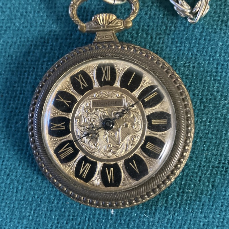 Bucherer Silver & Black Roman Numeral Pocket Watch Ornate Design with Chain