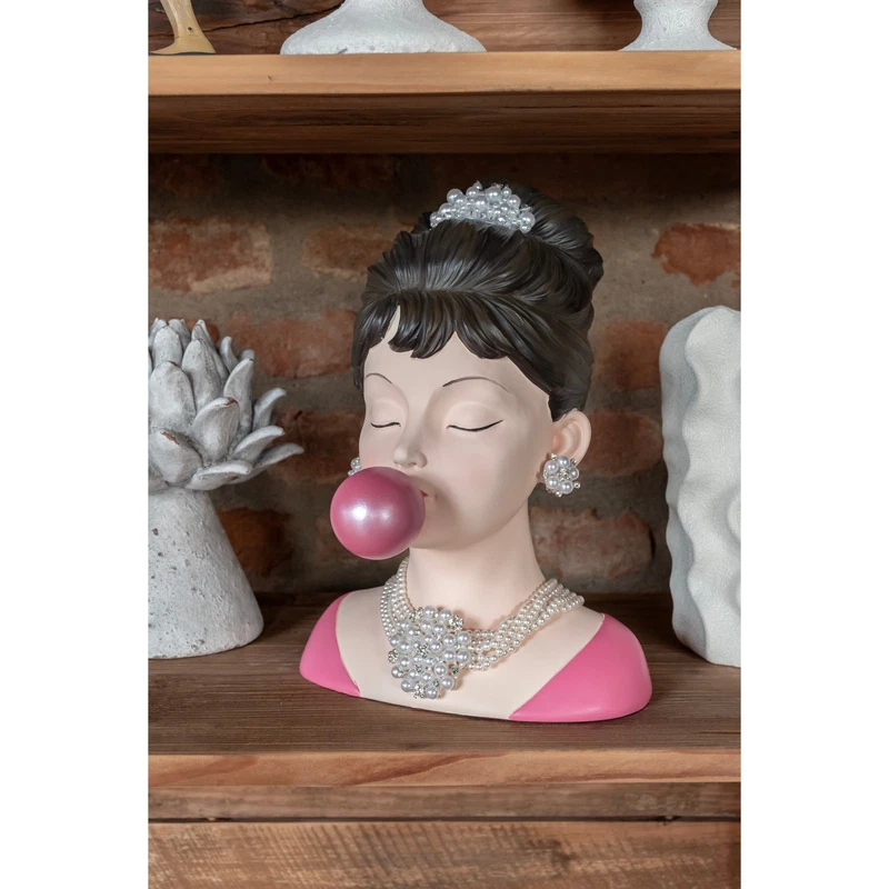 Busto Donna Bubble Gum Statua Decorativa Resina Colorata Pop Moderno H 30 cm, fotografia 5 di 9