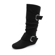 Women's Suede Slouchy Knee High Boot Double Buckle Detail With Side Zipper