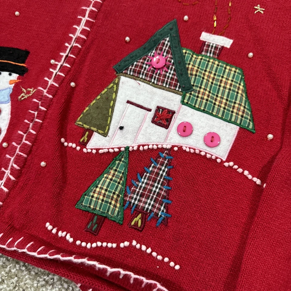 Cárdigan Suéter Vintage Navidad Bordado y Cuentas Rojo Cremallera Talla Mediana Foto 3 de 4