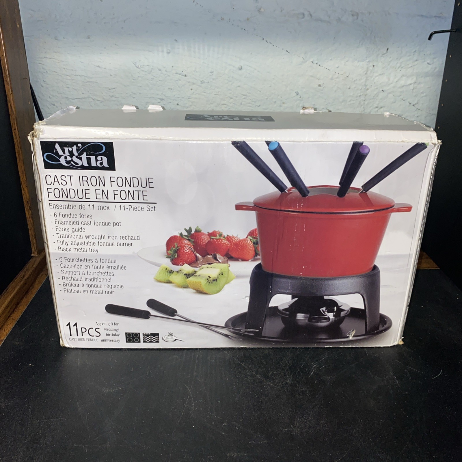 Artestia White Cast Iron Fondue Set Meat Chocolate Cheese Holiday Wedding Gift