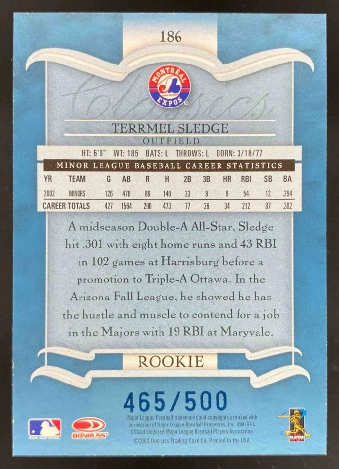 Terrmel Sledge 2003 Donruss Classics Significant RC Signatures /500 #186 Auto - Image 2 of 4