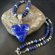 Lapis Opal Inlay Pendant Navajo Pearls Turquoise Sterling Silver Necklace 19182