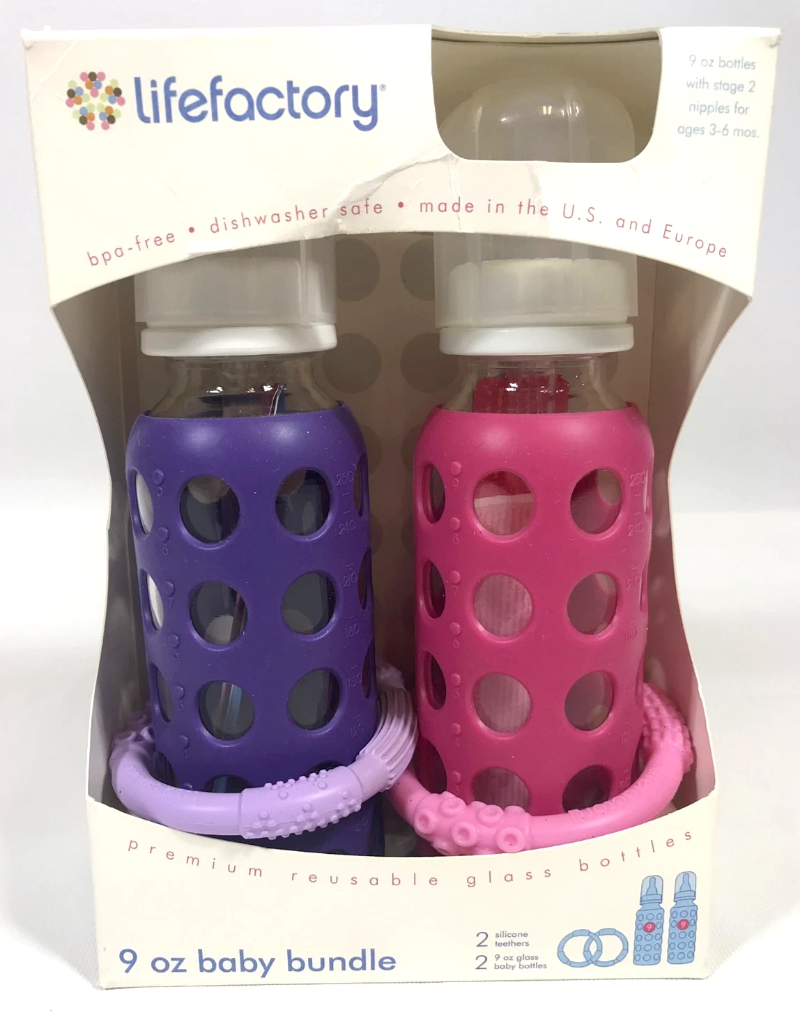 Lifefactory 9oz Baby Bottles & Teethers Bundle 3 months + Glass Bottles