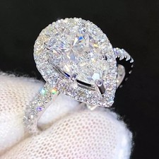 3Ct Pear Cut Lab Created Diamond Halo Engagement Ring 14K White Gold Plated
