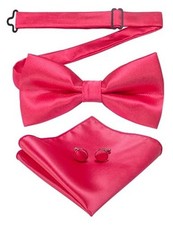 Mens Solid Color Pre-tied Bow Tie and Pocket Square Cufflink Set Hot Pink