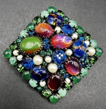 SCHREINER Colorful Vintage Pin Brooch Pink Blue Green Foil Glass Pearl STUNNING