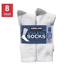 Men's Kirkland Signature Athletic Crew Socks 8-pair, White Ft Size 8-12 USA Made