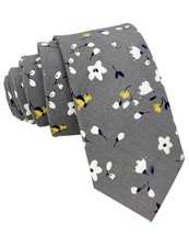 Mens Cotton Necktie Skinny Tie for Men Blossoms - Gray