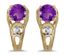 14k Yellow Gold Round Amethyst And Diamond Earrings