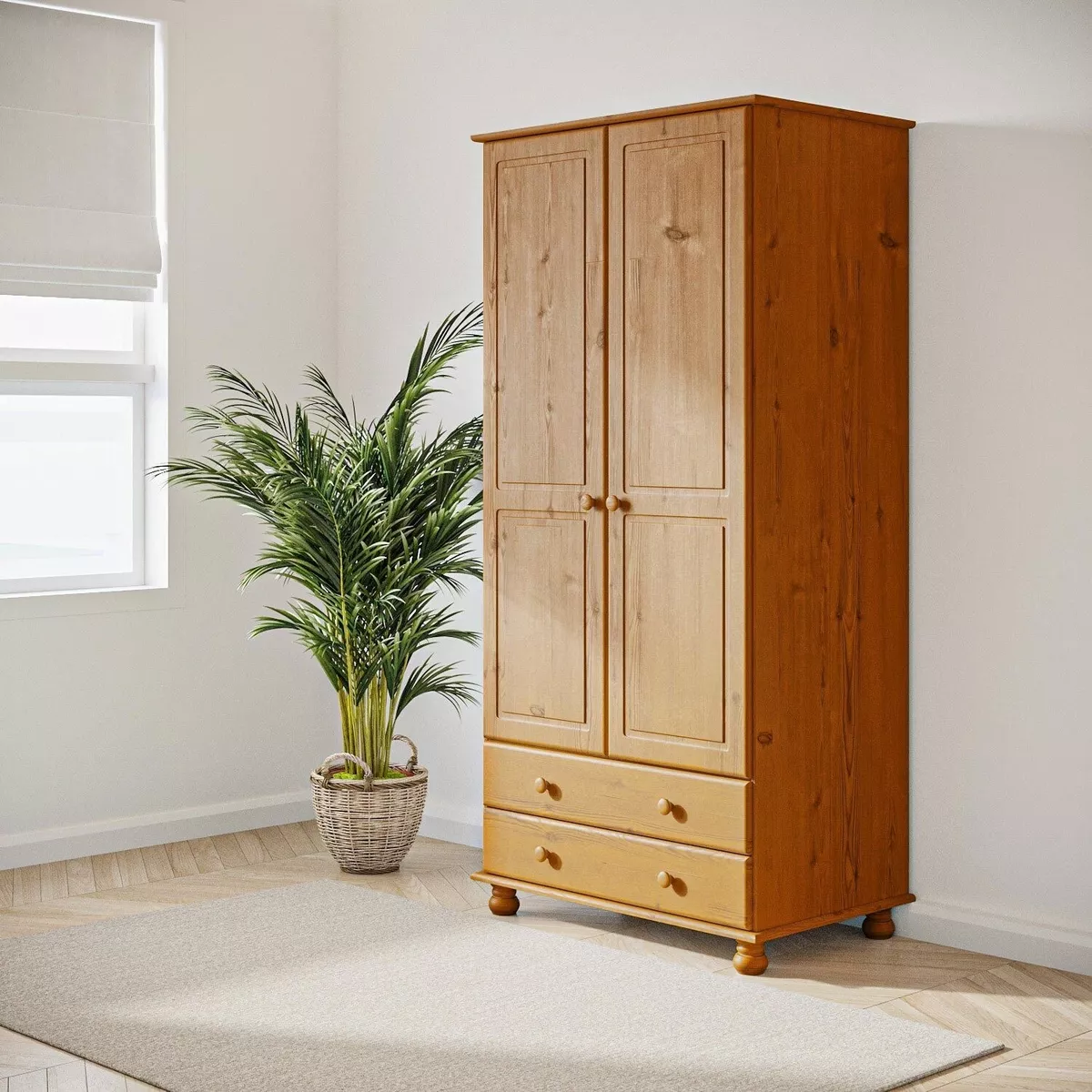 Wardrobe 2 Door 2 Drawer Solid Pine with Bun Feet Classic Style Bedroom Furnitur