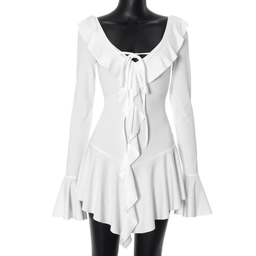 Minikleid Rüschen Schnürung weiß V-Ausschnitt Patchwork Langarm sexy schmal Kleid - Bild 13 von 27