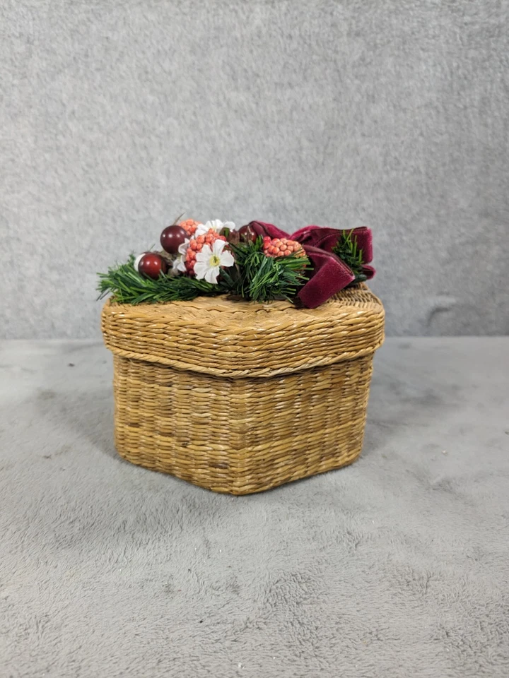 "Pequeña cesta de Navidad de mimbre vintage con cinta de tapa floral multicolor 4""" Foto 2 de 4
