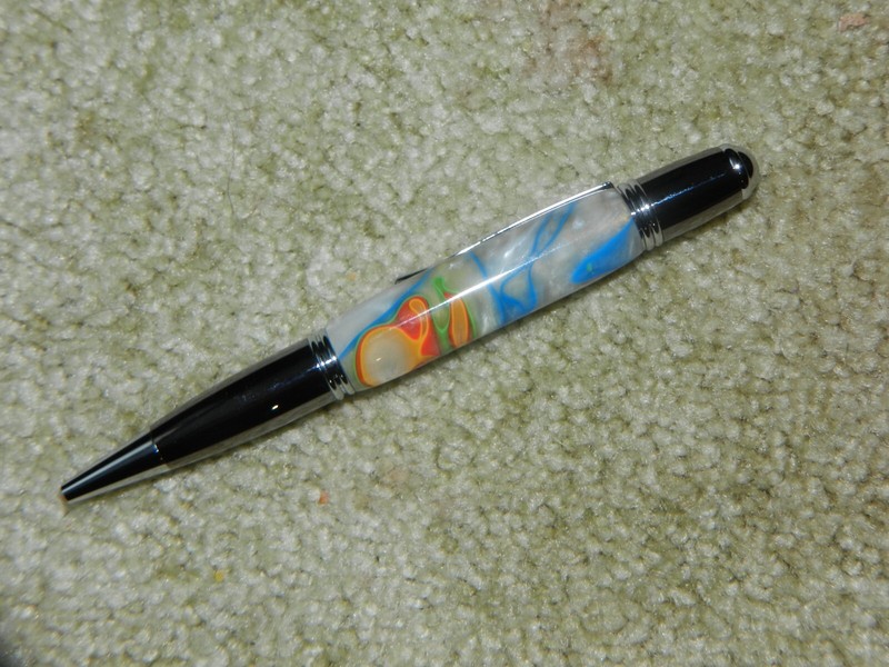 Gatsby Ballpoint Pen / Chrome & Gun Metal with Aqua Bright Rainbow Swirl Body