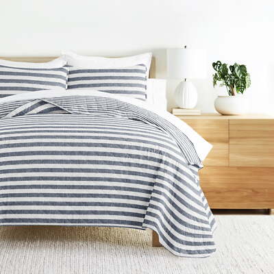  3-Piece Dusk Blue Classic Stripe Reversible Quilt Set, Queen