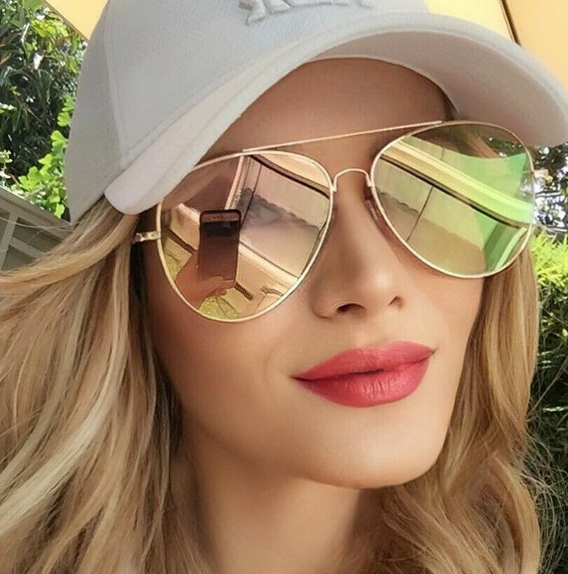 Gold PINK Yellow ROSE Aviator LIGHT Flash Mirror Flat Lens Reflective  Sunglasses