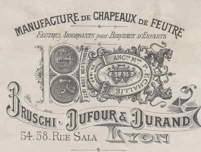 ''DUFOUR & DURAND BRUSCHI FELT HATS'' original chrome label late 1800s