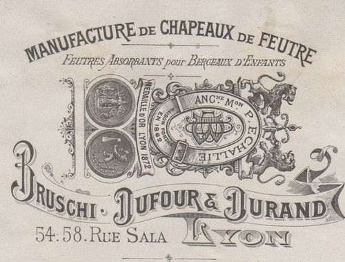 "CHAPEAUX de FEUTRE BRUSCHI DUFOUR & DURAND" Etiquette-chromo originale fin 1800 - 第 1/1 張圖片