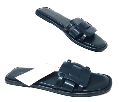 Amazon Essentials Women Men Black Faux Leather Sandals Slip-On Slides Flats 11 M