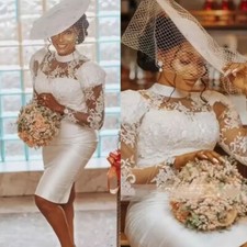 Knee-Length Straight Wedding Dress Lace Applique High Neck Long Sleeves White