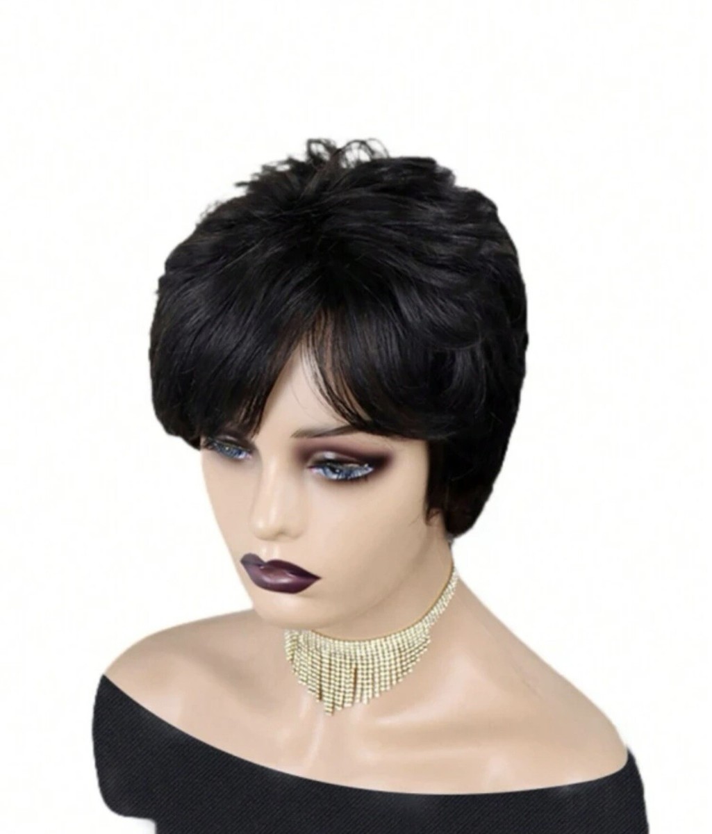 Perruque Courte Pixie Noire Avec Frange - Cheveux Humains Brésiliens - Naturelle + Cadeau