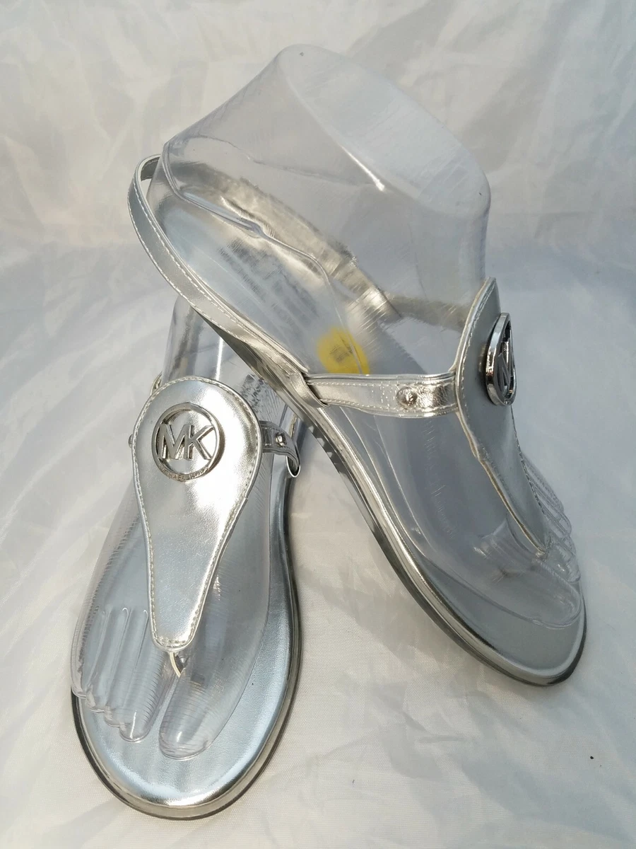 Michael Kors MK Logo Shoes Silver Strappy Flat Sandals Adjustable Womens US 5B