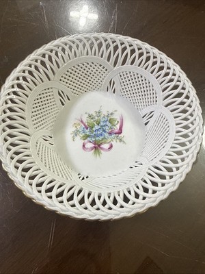 MOGA Romanian Pottery Basket Bowl Hand Painted  Signed-open work pierced dish 5 