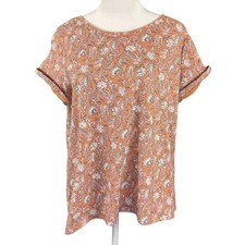 J Jill M Everyday 100 Cotton Tee Short Sleeve Orange Blue Floral Scoop Neck