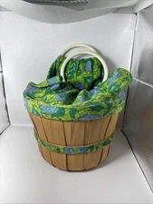 Vintage Wooden Apple Basket Tote Handles Bag Purse Sewing Basket Green Blue