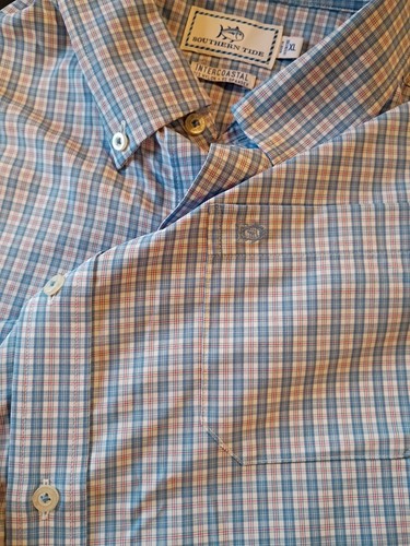 Southern Tide Shirt Mens XL Blue Red Check Intercoastal Long Sleeve Performance