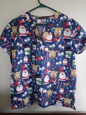 Cassandra O Christmas Scrub Pockets Top Size M Santa Reindeer Holiday Christmas