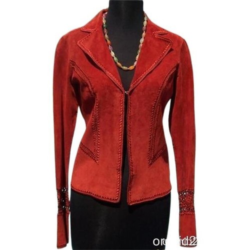 Cache Rust Suede Leather Peek-A-Boo Crochet Insert Jacket Top New $248 NWT - Picture 2 of 6
