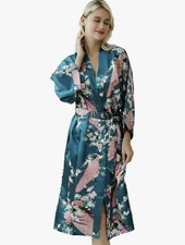 Women’s Babeyond Kimono Duster One Size Turquoise Long With Peacock & Blossoms