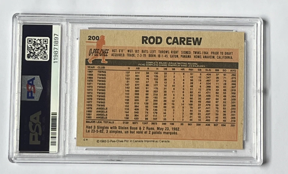 O-Pee-Chee #200 Rod Carew 1983 PSA 8 casi nuevo-como nuevo Angels Foto 2 de 2