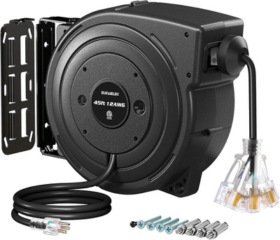 12 Gauge Extension Cord Reel, 45 FT Retractable Extension Cord, 12 AWG/3C SJTOW