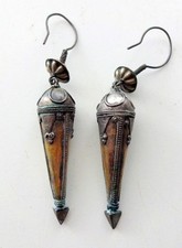 Antique Vtg Tribal Silver Gold Africa Moroccan Berber Long Earrings Handcrafted