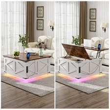 Wood Lift Top Coffee Table w/Power Outlets & Light Strip  for Living Room/Office
