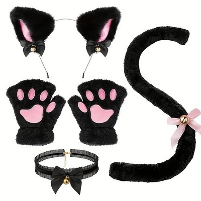 5-teiliges Katzenohr Stirnband Pfote Handschuhe Schwanz Glocke Set Cosplay Kostüm UK