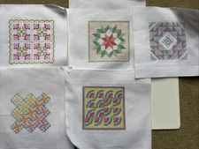 5 Finished Counted Cross Stitch Quilt Squares Complete Ready To Frame