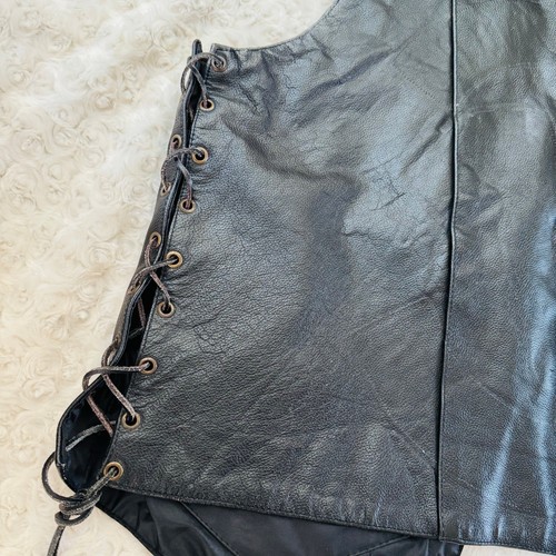 Xelement Black Leather Motorcycle Biker Harley Eagle Chain Snap Lace Up Vest XL - Picture 10 of 14