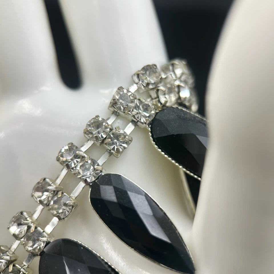 Vintage Black & Clear Rhinestone Dangle Bracelet Silver Jewelry 8.75'' Y2K 90s - Image 3 of 4