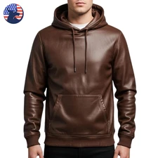Men's Brown Genuine Lambskin Leather Biker Jacket Handmade Casual Hoodie