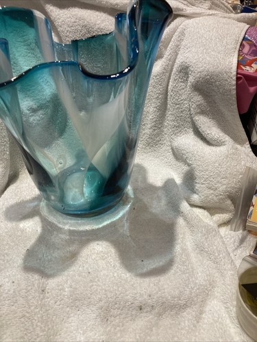 Royal Gallery Poland Teal Vase Handkerchief Ruffle Hand Blown Glass Lg Vase 12" - Picture 24 of 24